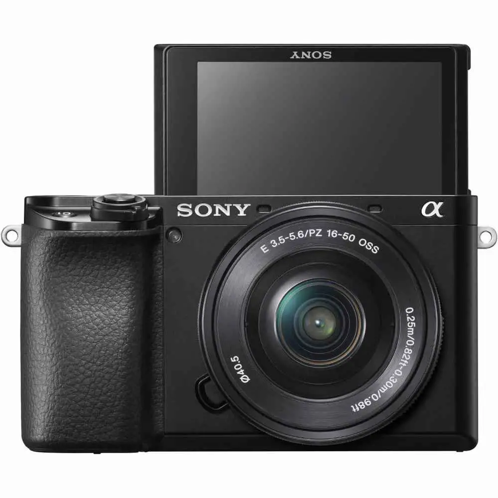 The Sony A6100 features a stereo 3.5mm audio input and a flip up screen to monitor your performance as you play