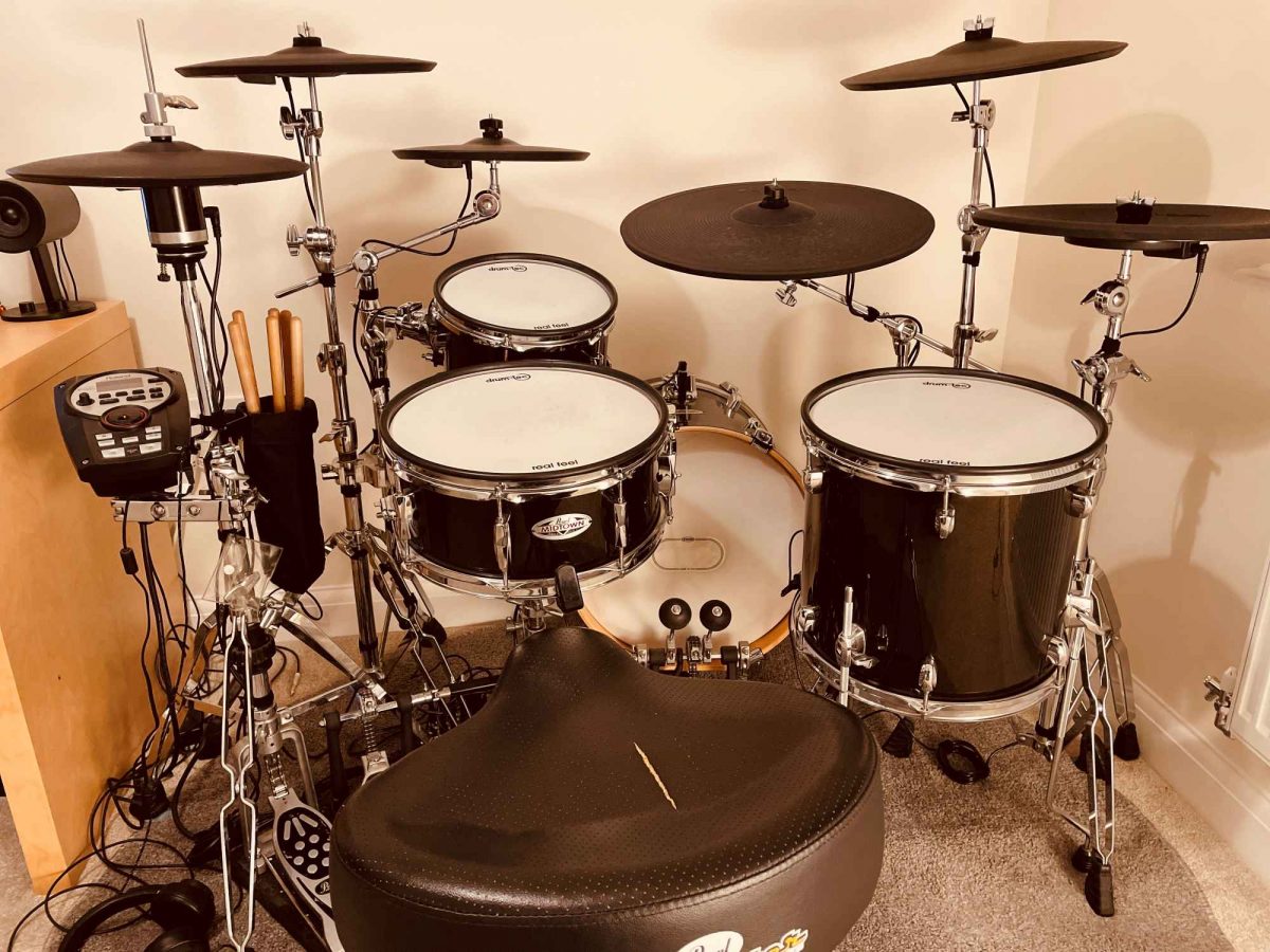 a DIY electronic drum kit made using Jobeky triggers, Drum-Tec mesh heads, and a Pearl Midtown shell pack
