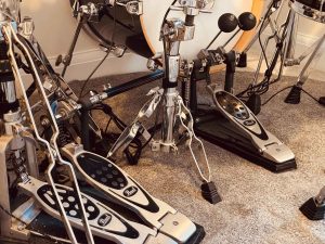 A Pearl Eliminator double pedal attached to a custom electronic drum kit