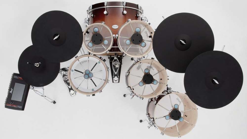 A Drum-Tec Pro 3 showing the snare and tom sensor arrays. The kit is paired with a Pearl Mimic Pro module and set of ATV electronic cymbals