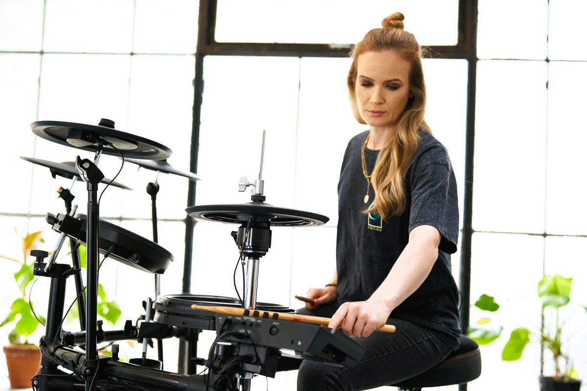 Anika Nilles performing on her TD-17 electronic drum kit