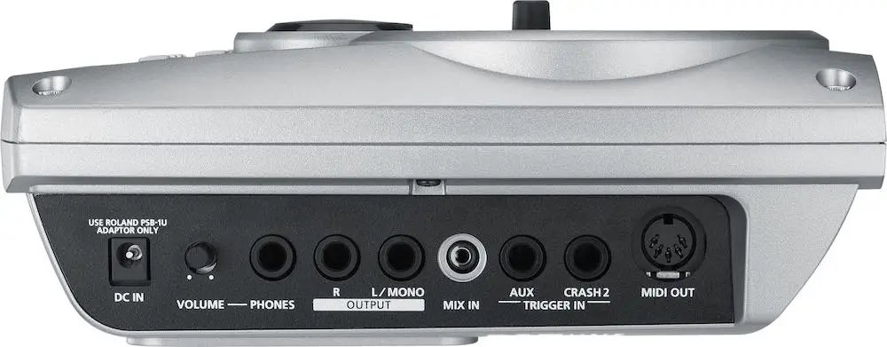 The side panel of the TD-15, showing the DC in, headphone jack with volume, mono/stereo master out, mix-in, two additional trigger inputs and a MIDI out port