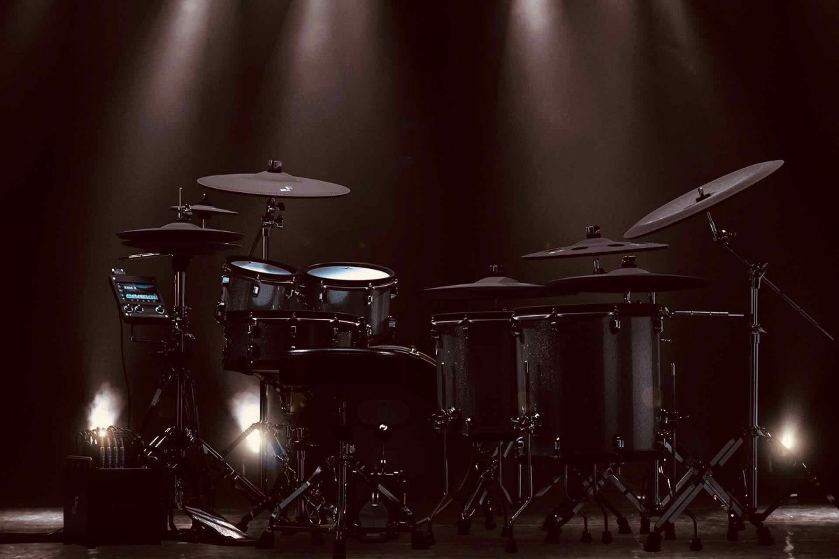 An expanded EFnote PRO 700 electronic drum kit under stage lights