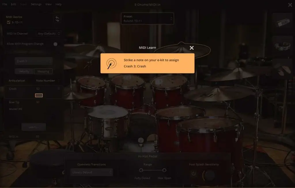 Clicking on "learn note" allows you to strike the pad zone you want to apply a sound in EZdrummer 3 to.