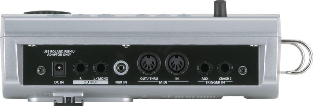 I/O panel on the right hand side of the TD-9, featuring power in, stereo master out, mix-in, MIDI in/out ports, and two trigger in ports.