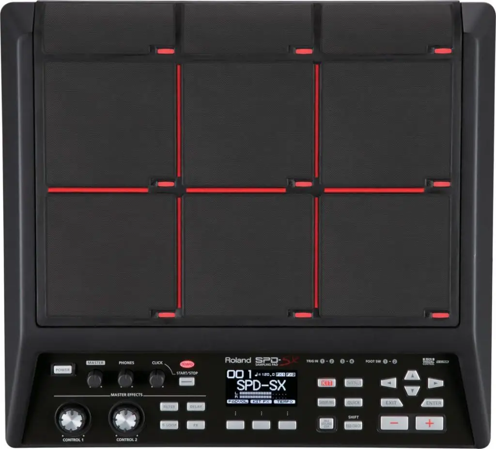 A Roland SPD-SX sampling pad showing the top 6 pads, 3 edge pads, and control panel